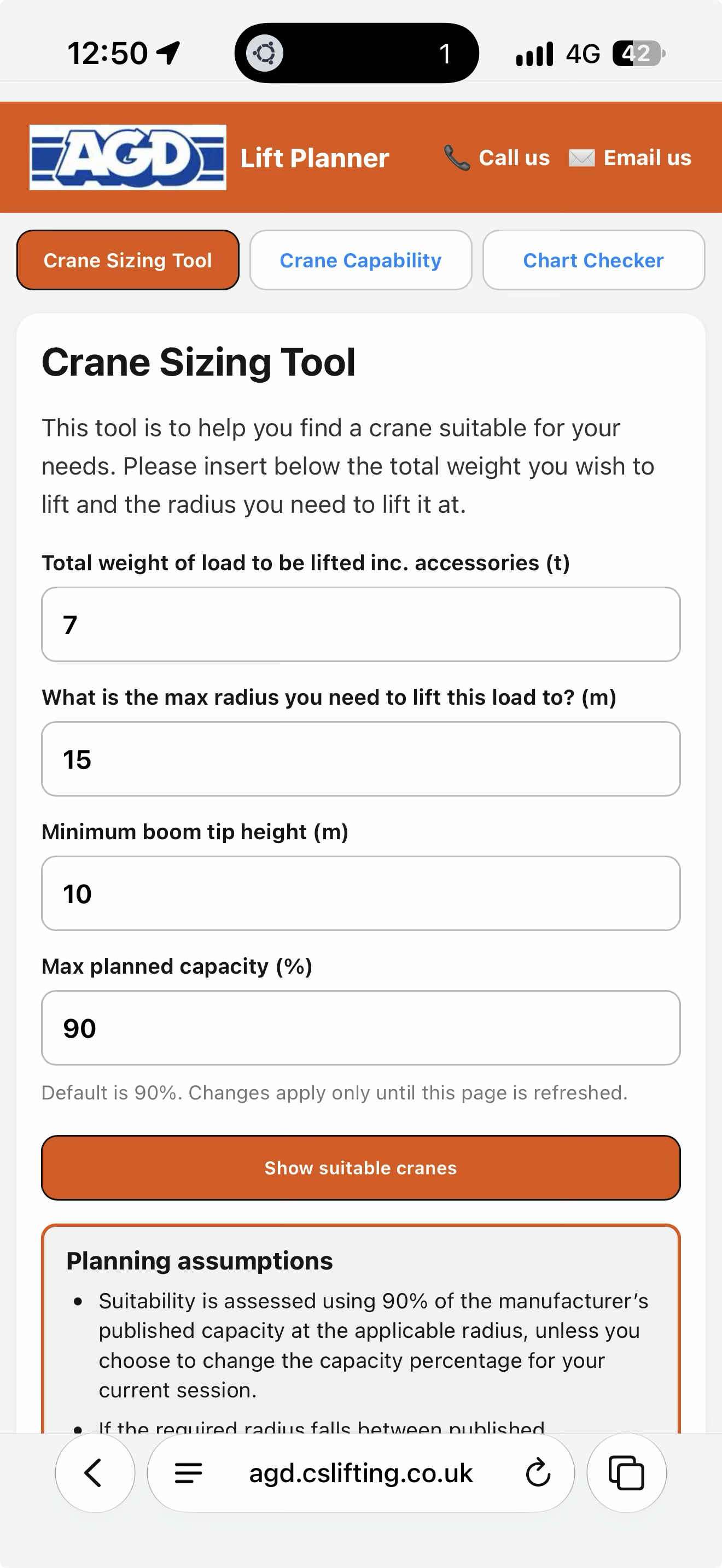 AGD Lift Planner inputs including the adjustable maximum planned capacity percentage
